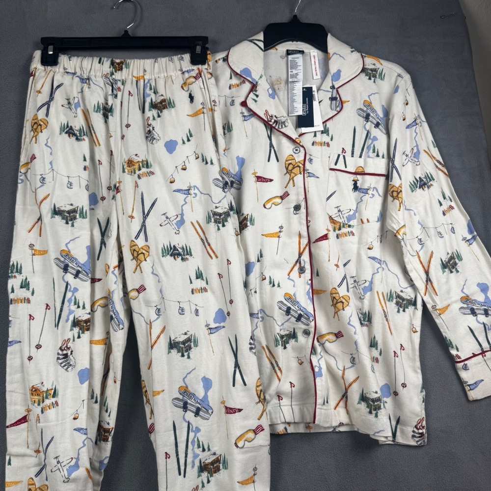 NWT Polo Ralph Lauren Cream SKI TRAVELER Madison FLANNEL Pajama Set Women's XS